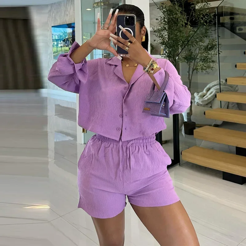 

2pcs Women Clothing Suit Solid Color Long Sleeve Shirt Top & High Waist Shorts Pants Set