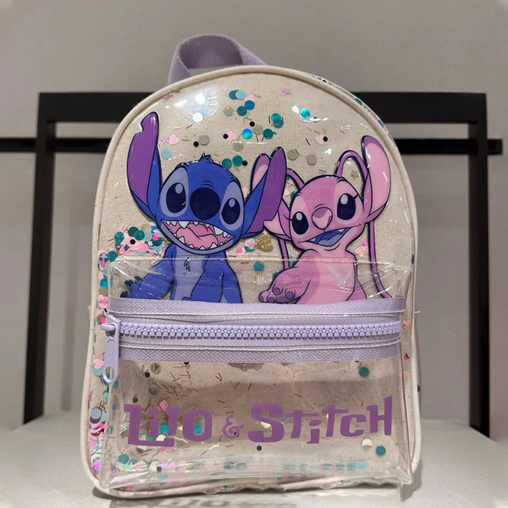 Disney Stitch Children Backpack Cute Cartoon Print Transparent Glitter Schoolbag Student Backpack for Girls Toys