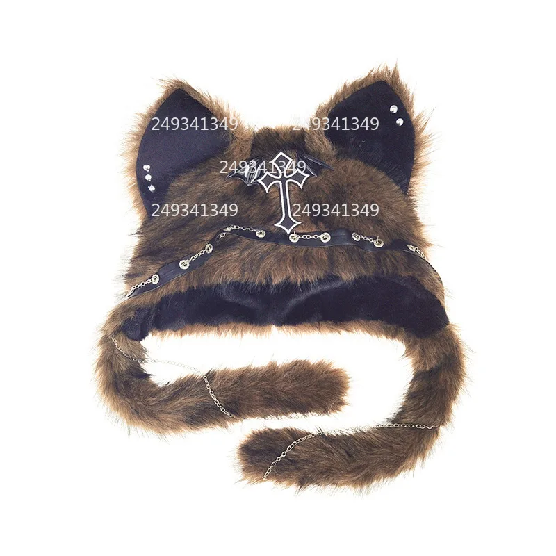 猫耳帽子コスプレ帽子女性パンクロックぬいぐるみ帽子チェーン付きハロウィンパーティードレスアップ頭飾りクールコスチュームアクセサリー