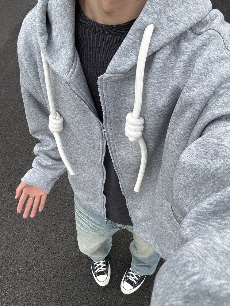 

Handwoven Rope Open Cardigan Hoodie Men's Style Short Wide Hard And Stiff Autumnal Cleanfit Jacket Casual Loose Fit Cotton Po...