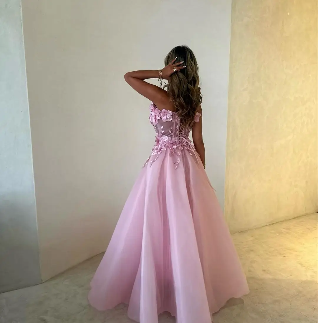 

Elegant Pink Sleeveless Sweetheart Prom Dresses Pleated Flowers Floor Length Party Dresses Evening Dresses