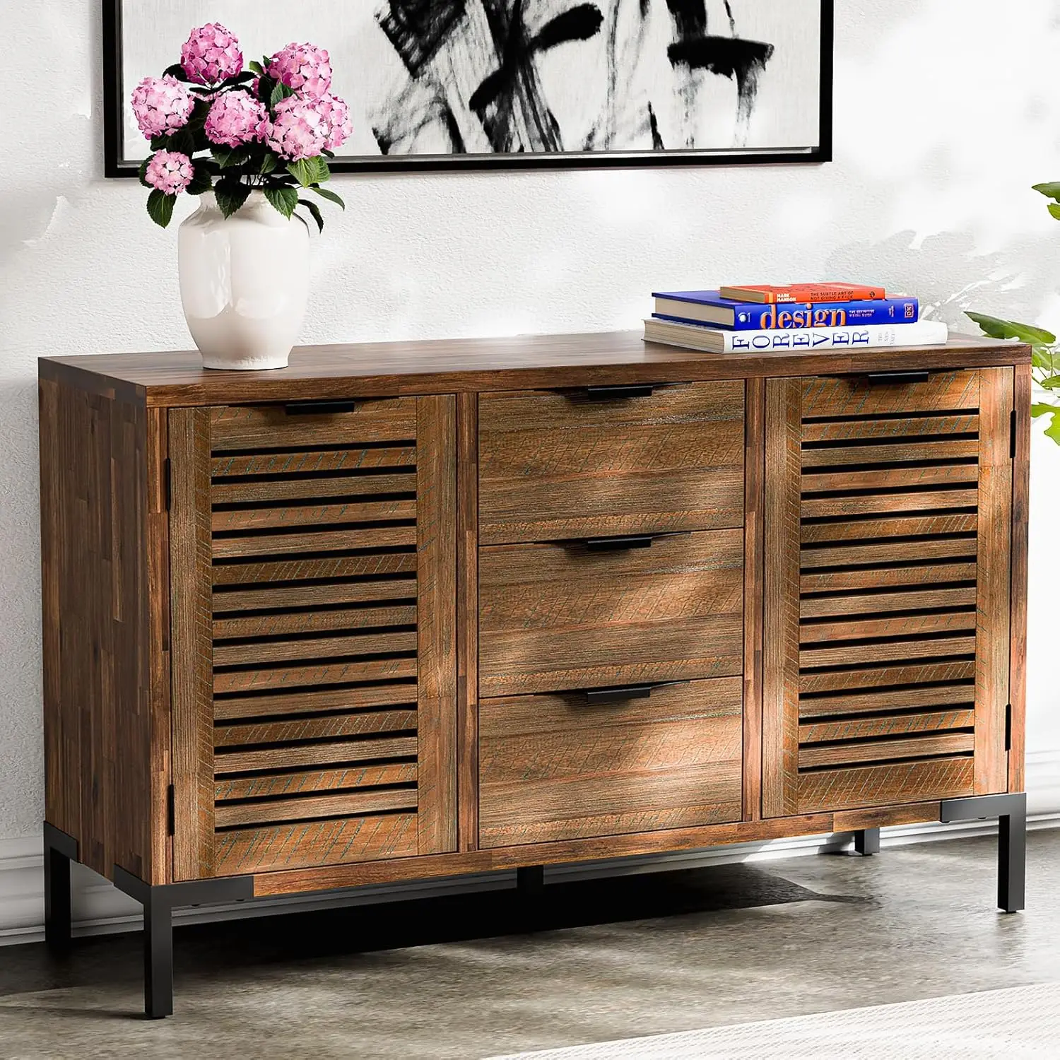 Premium Solid Wood Sideboard Storage Cabinet with Storage, Pre-Assembled with 3 Drawers & 2 Doors, Adjustable Shelves