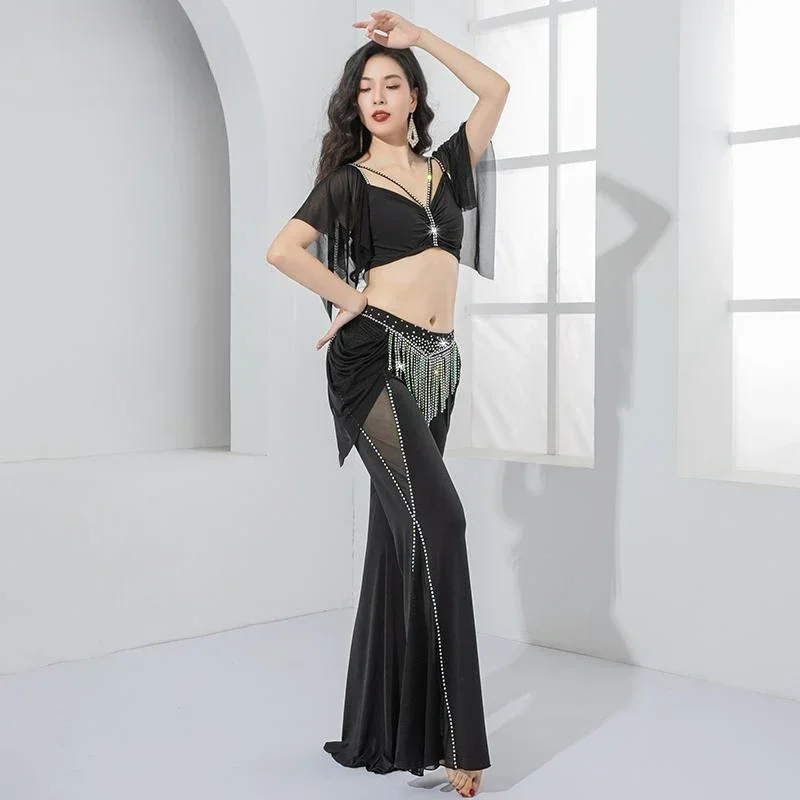Top com decote em v + calças com cinto de borla calças flare adulto dança oriental roupas de treinamento profissional conjunto de prática de dança do ventre