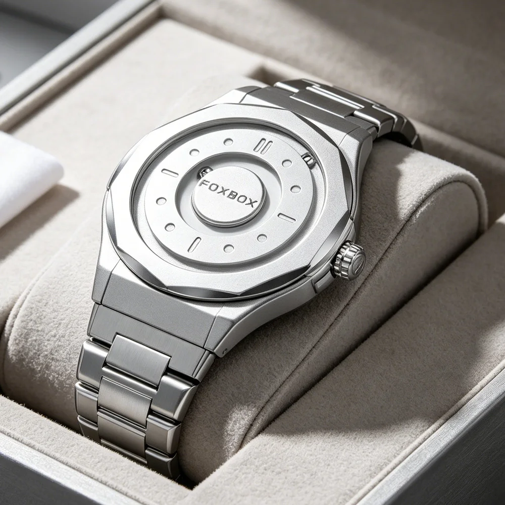 FOXBOX Watches Male Magnetic Watches Quartz Waterproof Leather Steel Stainless Steel Bracelet Watches Silver Dial Fashion Sports