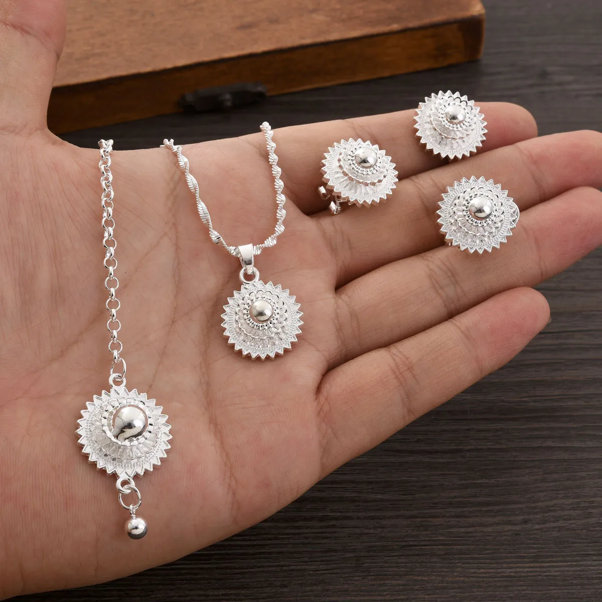 Ethiopian Jewelry sets Silver Color Round Pendant Earrings Ring Head Chain Sets African Eritrean Wedding Ethnic Gifts #167