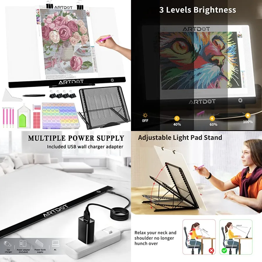 

LED Light Pad for Diamond Painting USB Powered Light Board Kit, Adjustable Brightness with 12 Angles Stand and Clips