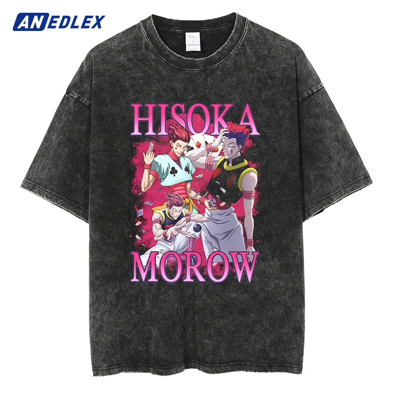 

Vintage Tshirt Streetwear Hip Hop Japanese Anime Graphic Print Washed T-Shirt Harajuku Loose Summer Fashion Tops Tees