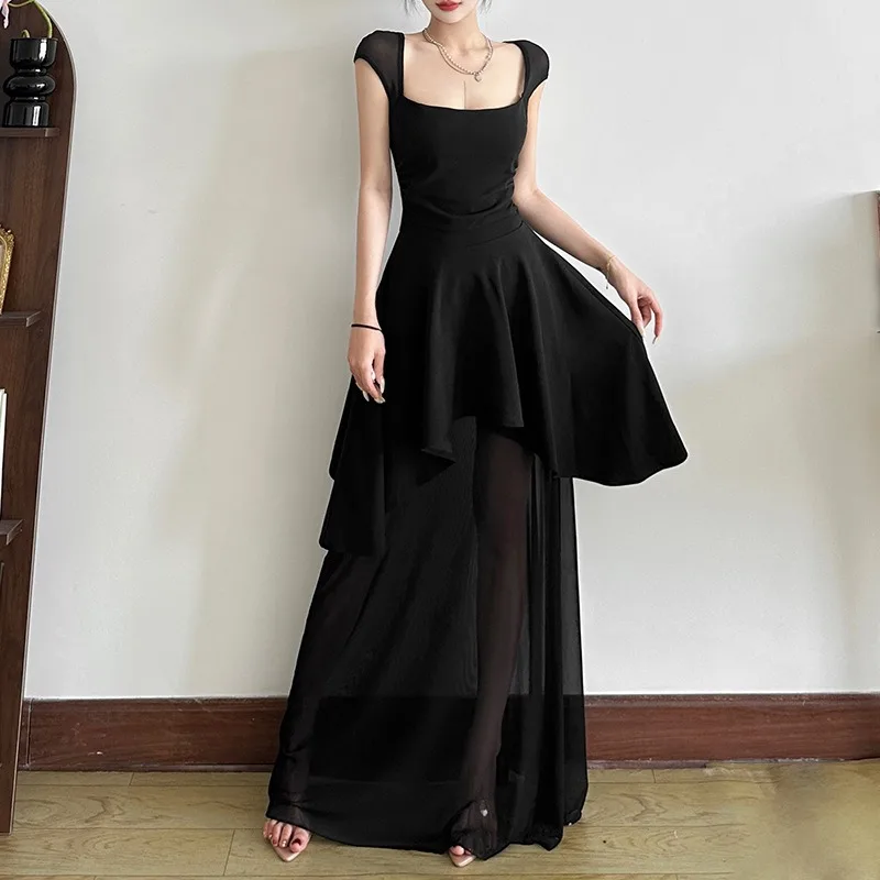 

Women Elegant Ruffle Ruched Tirred Maxi Dress Summer Solid Short Sleeve U Neck Party Night Gown Dresses Sexy Chic Holiday A-line