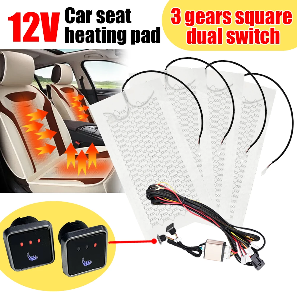 Universal Car Seat Aquecedor Kit, 12V Fibra De Carbono Almofadas De Aquecimento, 3 Engrenagem Interruptor De Controle Quadrado, Inverno Warmer Seat Cover, Fit 2 Assentos
