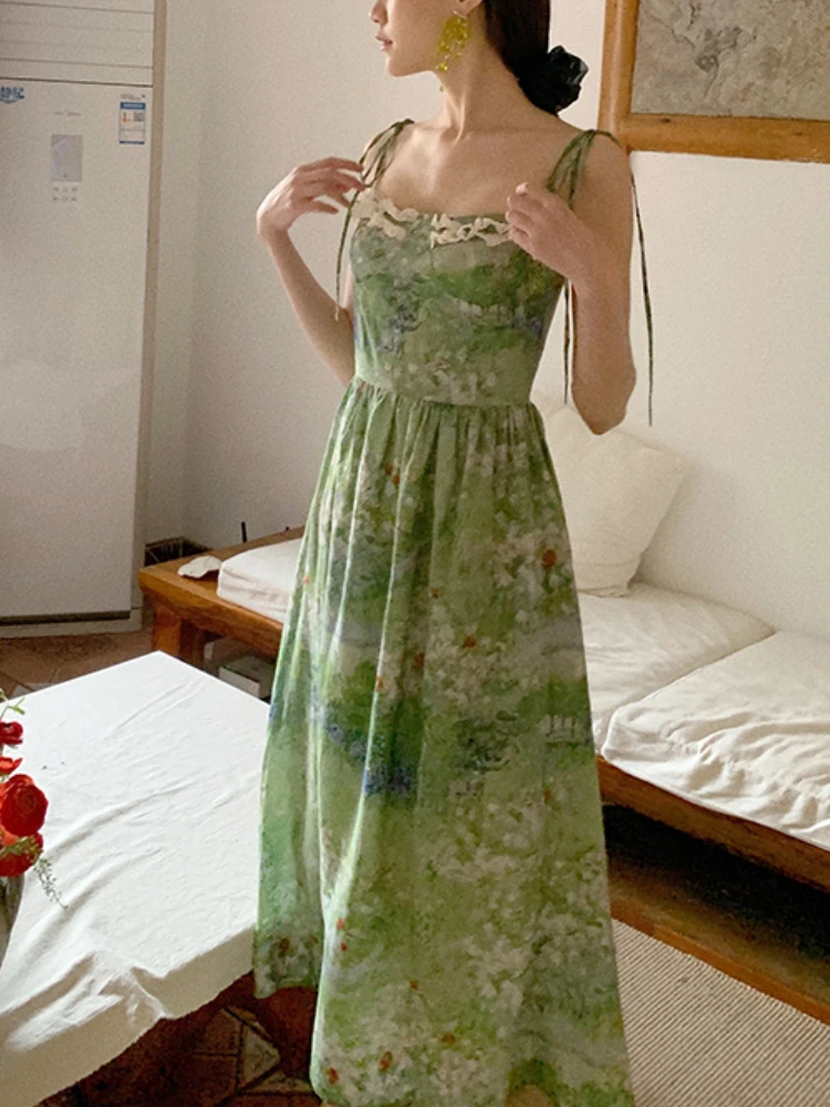 Green French Vintage Party Midi Dress Women Floral Print Beach Sweet Fairy Dress Female Summer Lace Elegant Backless Dress 2023