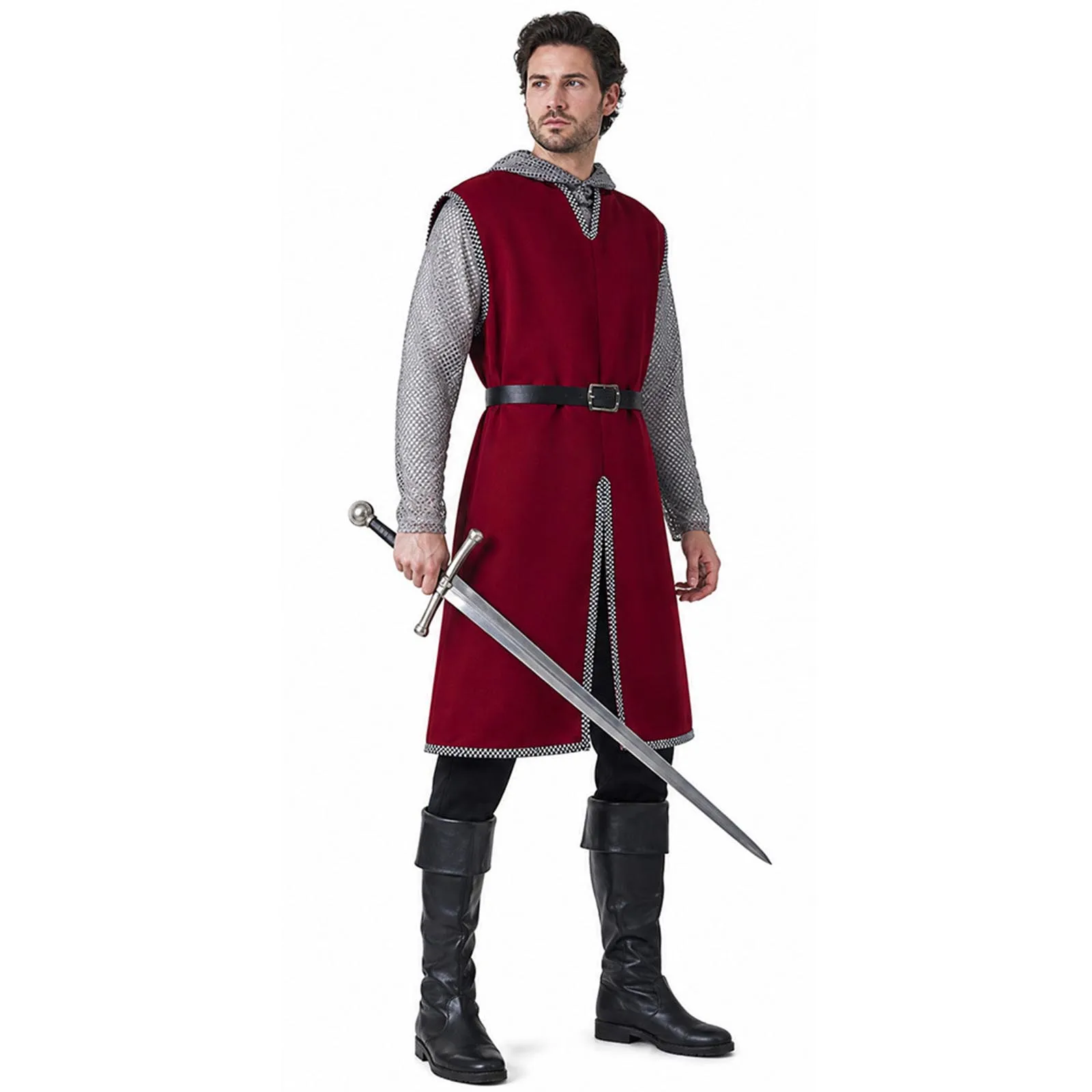 Men Medieval Knight  Wine Red Chainmail Mesh Tunic with Belt Halloween Warrior Cosplay Costume