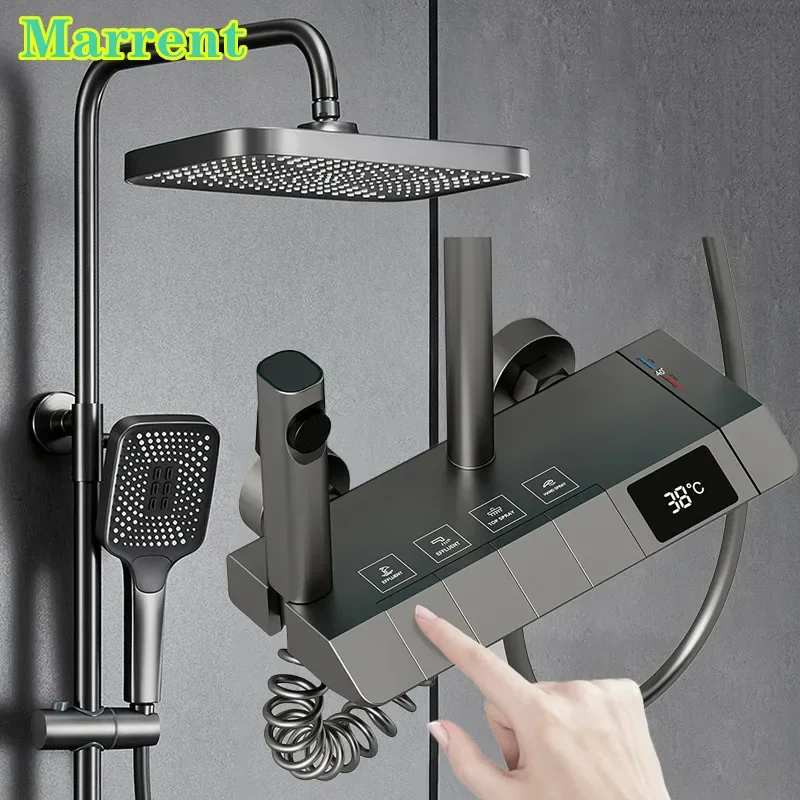 Hot and Cold Gold Digital Bathroom Shower System Set Quality Brass Bathtub Mixer Faucets Smart Thermostatic Gold Shower Set