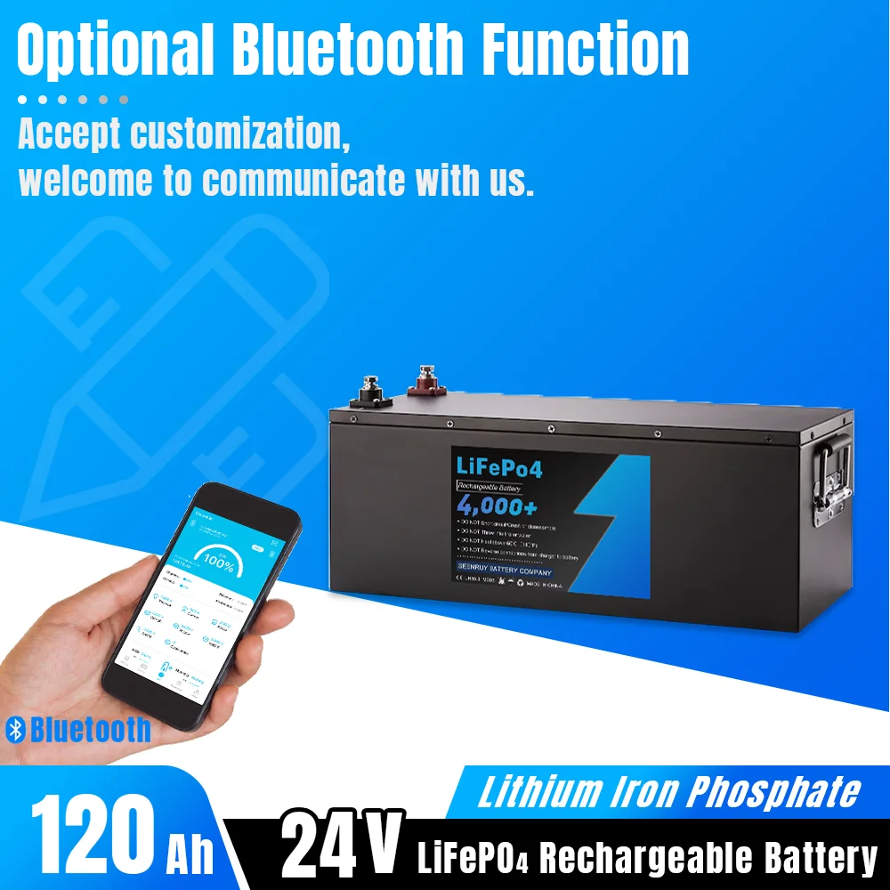 24V 120Ah Lifepo4 Battery Pack Lithium Iron Phosphate Deep Cycle Optional Bluetooth for Solar Energy RV+10A Charger