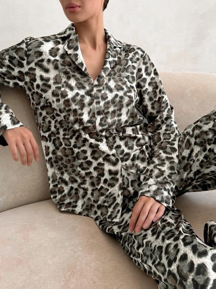 Hiloc Leopard Women\'s Home Clothes 2 Piece Sets Loose Long Sleeve Sleepwear Female Casual Trouser Suits 2024 Autumn Fashion