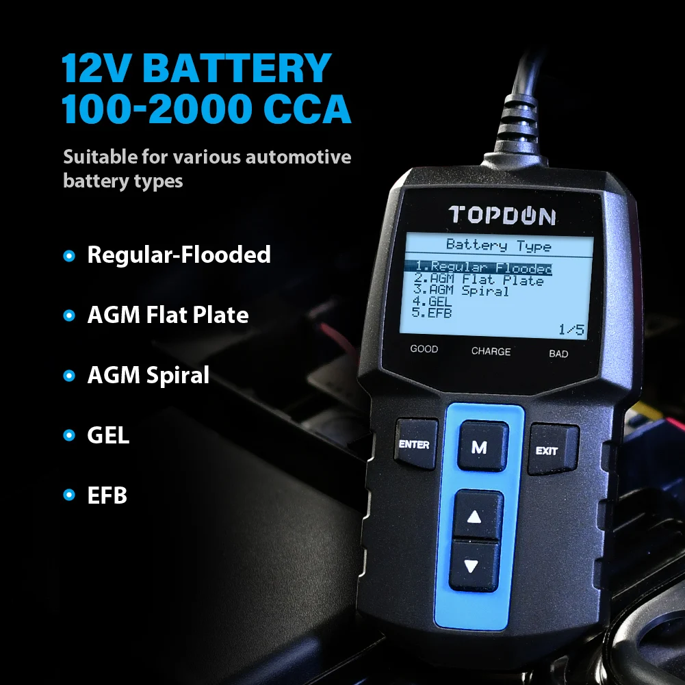 TOPDON BT100 100-2000CCA Overstroomde AGM Gel EFB VRLA 12V Automotive Motor Auto Digitale Belasting Batterij Tester Analyzer