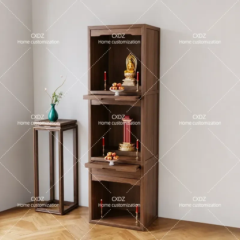 Solid Wood Shrine Three Layer Vertical Cabinet Black Walnut Ancestral Position Landlord Cabinet Simple Home Decor