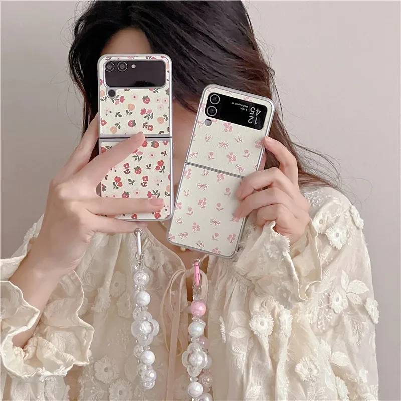 Чехол для Samsung Galaxy Z Flip 3 4 5, Z Flip5 ZFlip5 Ins, браслет с цветочным принтом и гальваническим покрытием из овечьей кожи, противоударный чехол