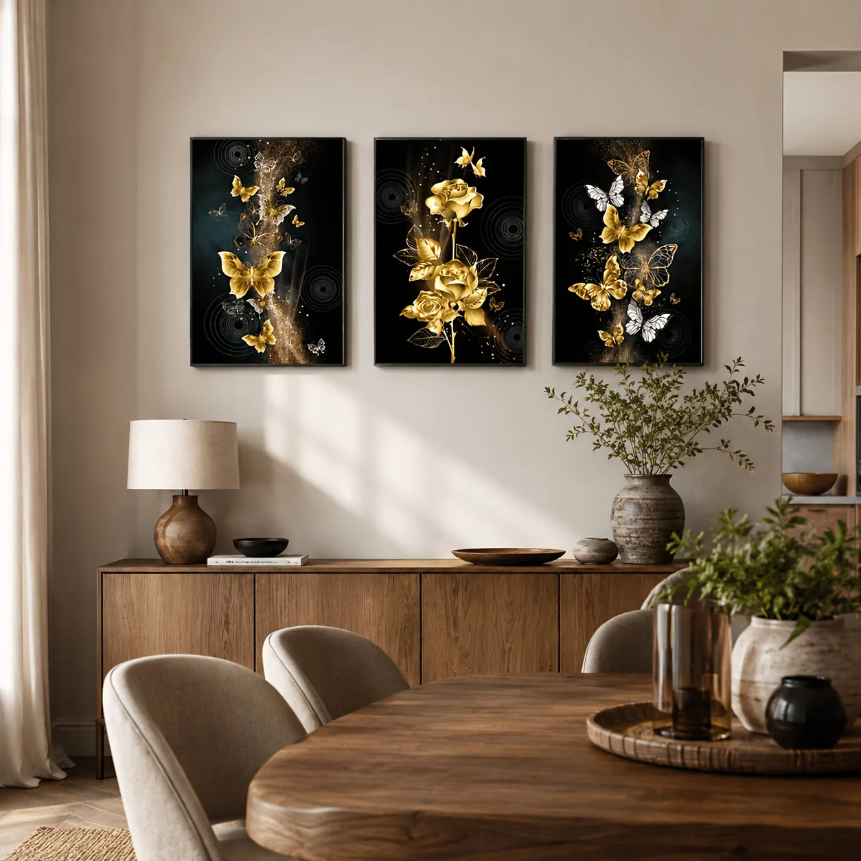 3Pcs Elegant Black Gold Rose And Butterfly Canvas Wall Decor Painting, Modern Luxury Home Decoration For Bedroom Living Room