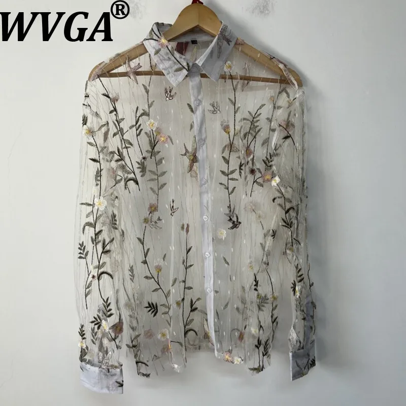 

WVGA Spring Summer New Man Tide Flower Embroidered Trendy Sheer Mesh Design Long Sleeve Shirts Niche Chic Casual Tops Ins W21356