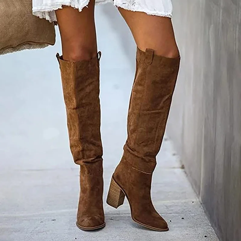 Mujer New Style High-heeled Boots Women Autumn Winter European American Large43 Casual Thick Heel Knee Boots Women Fashion Boot