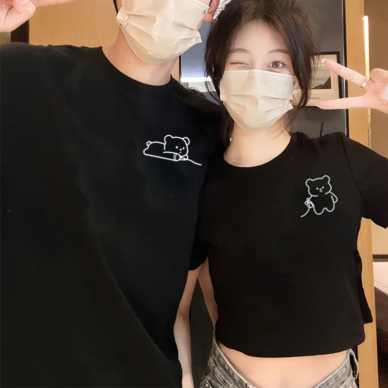 2024 Cartoon Cute Little Bear Drag Couple Tshirt Top For Him and Her Korean Style Cotton Men T-shirt And Women Sexy Crop Top