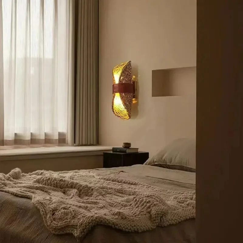

Hand Woven Rattan Wall Lamp Japanese Retro Wabi Sabi Style Natural Material for Tea Room Bedroom Living Room Lighting