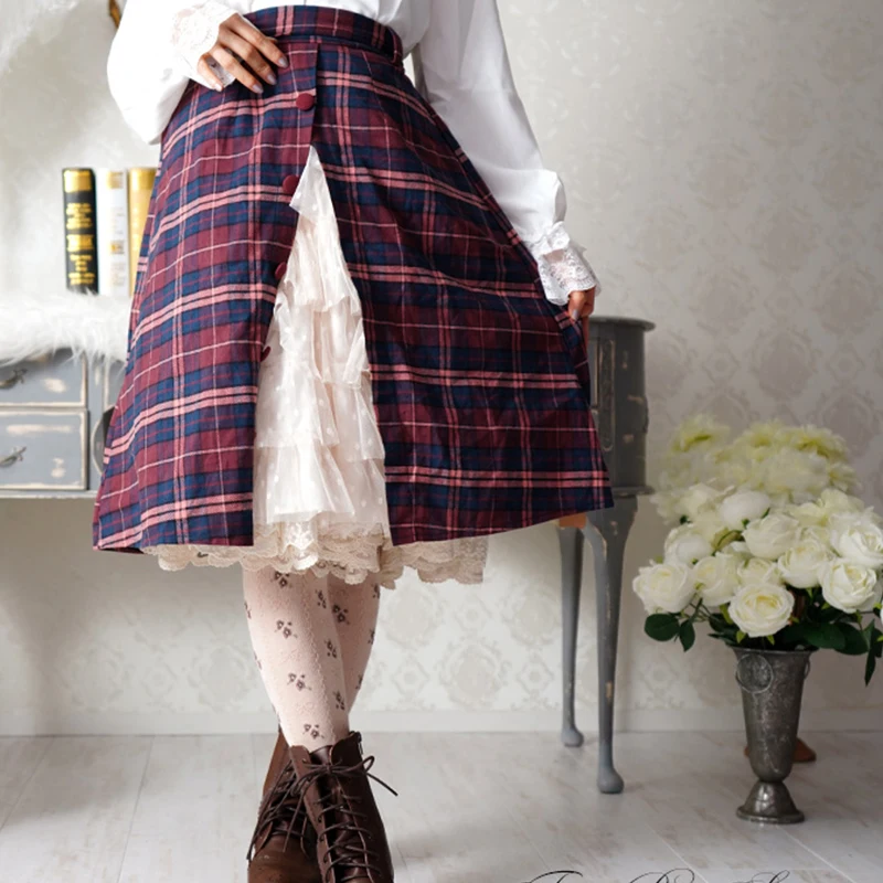 

Japanese Women Mori Girl Skirt Lace Slit Complex Classical Skirt Red Sweet Plaid Big Bow Female Kawaii Cotton Skirts A291