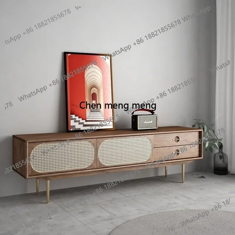 

Black walnut solid wood, rattan TV cabinet modern, simple, home furnished floor cabinet
