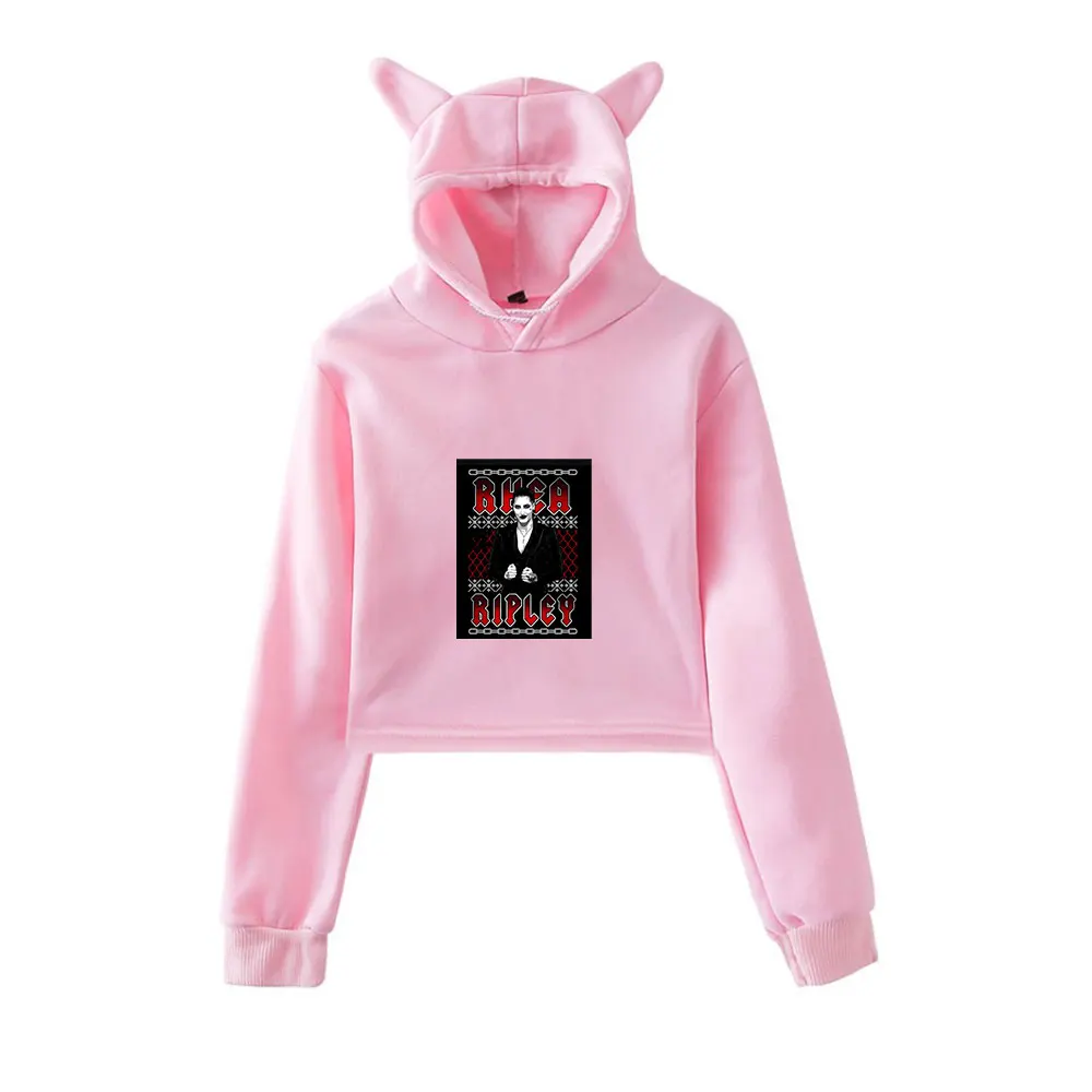 

Rhea Ripley Merch винтажная уличная одежда 90-х годов с логотипом, толстовки с капюшоном для девочек, укороченный модный спортивный пуловер с кошачьими ушками