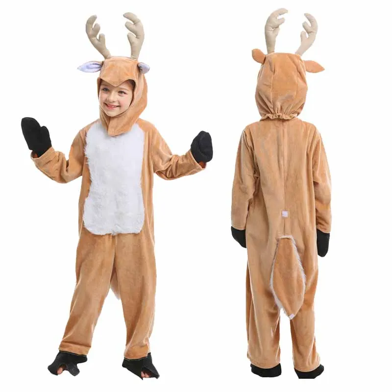 Children Reindeer Cosplay Costume, One-piece Suit with Hat,Hooded Jumpsuit For Halloween and Christmas Stage Performances