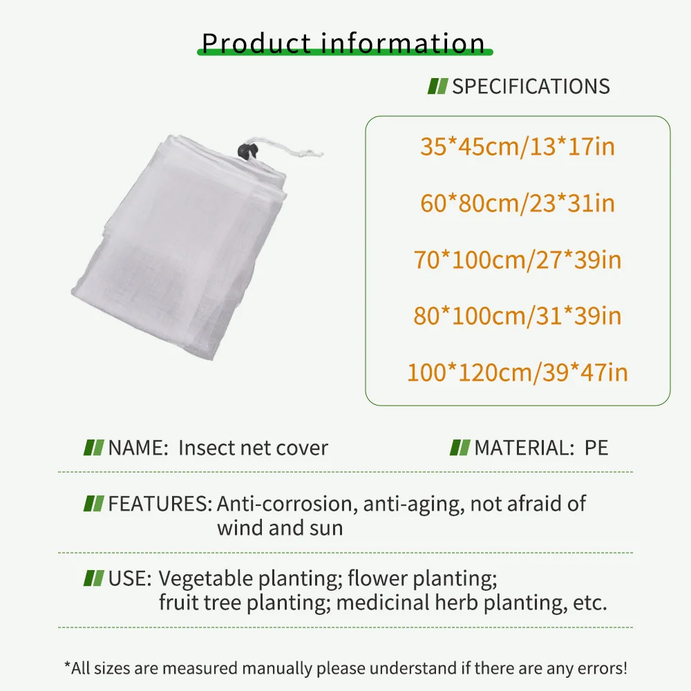 PE Fruit Tree Insect Barrier Net with Drawstring Zippered Greenhouse Vegetable Garden Protection Cover for Pest Control