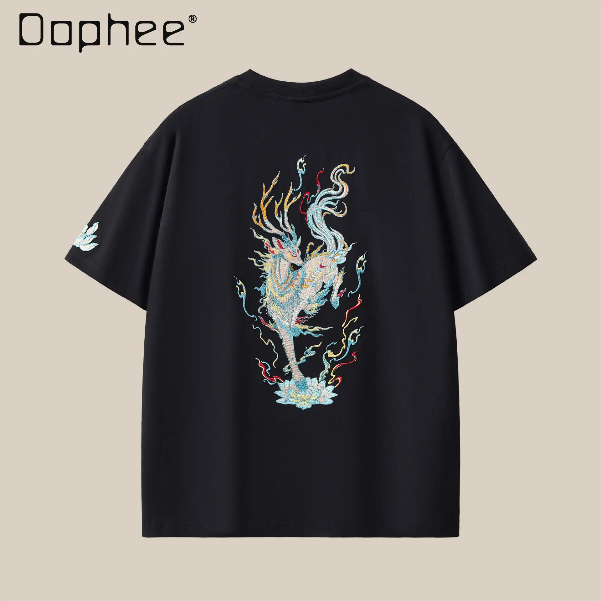2026 Summer New Men Black White Nine-Colored Deer Embroidered Round Neck T-Shirt Loose Casual Daily Streetwear