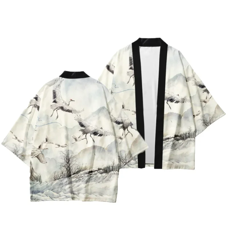 كيمونو ياباني للرجال والنساء، طراز قديم، طباعة كرين، الزي الآسيوي التقليدي، معطف سترة، كاجوال صيفي، 2025 #2