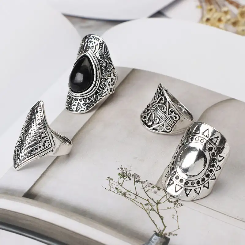 4pc Vintage Silver Plated Gypsy Boho Ethnic Ring Set