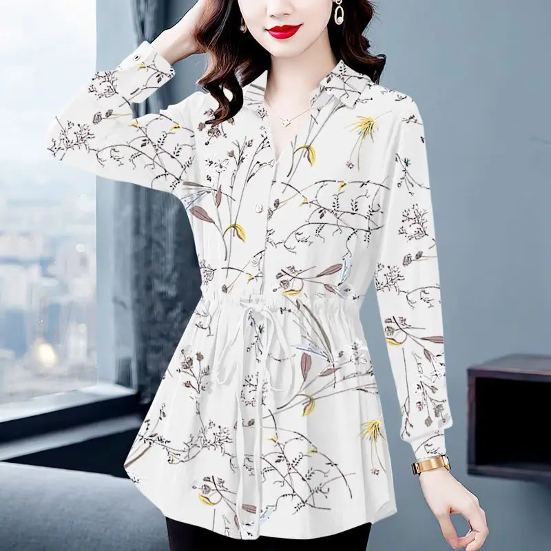 Spring Autumn Polka Dot Drawstring Lacing Shirt Tops Long Sleeve Polo Neck Loose All-match Blouse Vintage Fashion Women Clothing