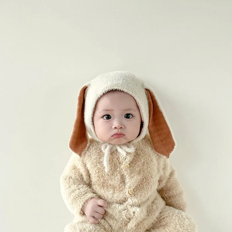 Bonnet en peluche pour bébé avec oreilles de lapin, bonnet pour enfants, optique réglable, bonnet chaud pour enfants, bonnet pour filles, accessoires pour bébé, hiver