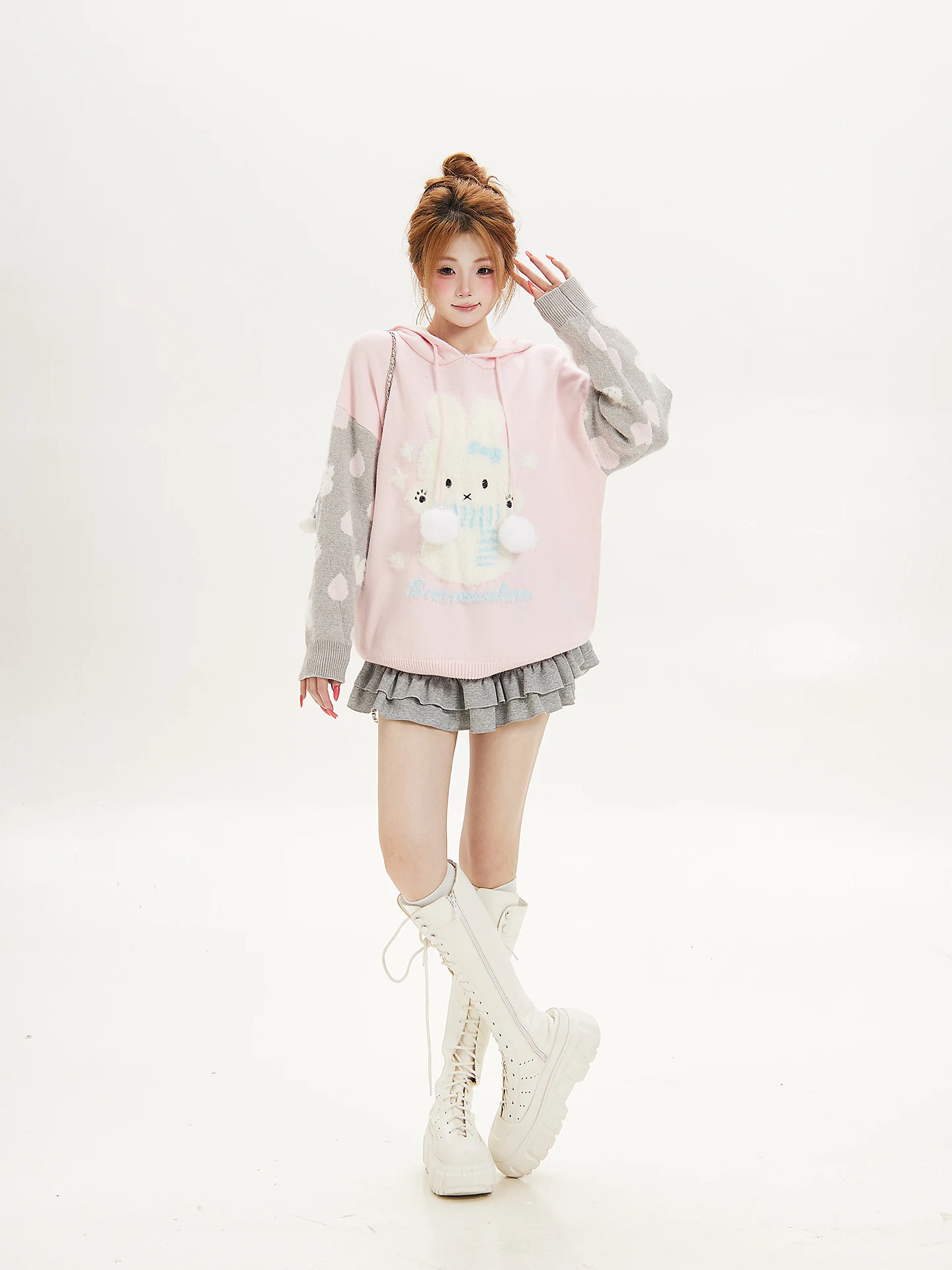 Cute Rabbit Hooded Knitted Sweater Women's Color Block Stitching Casual Top Ant Japanese Cartoon Style Versatile Mid-Length S...