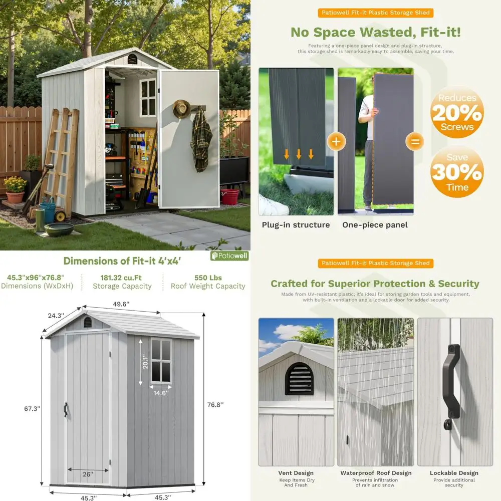 

Пластиковый навес для хранения на открытом воздухе 4x4 фута с полкой, хранилище садовых инструментов с двумя окнами и запираемыми дверцами