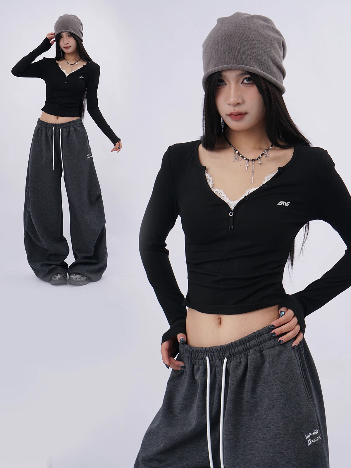 

Женская приталенная футболка с длинным рукавом, весна-осень, новый дизайн, V-образный вырез, кружевные вставки, джазовый топ, модный повседневный укороченный фасон