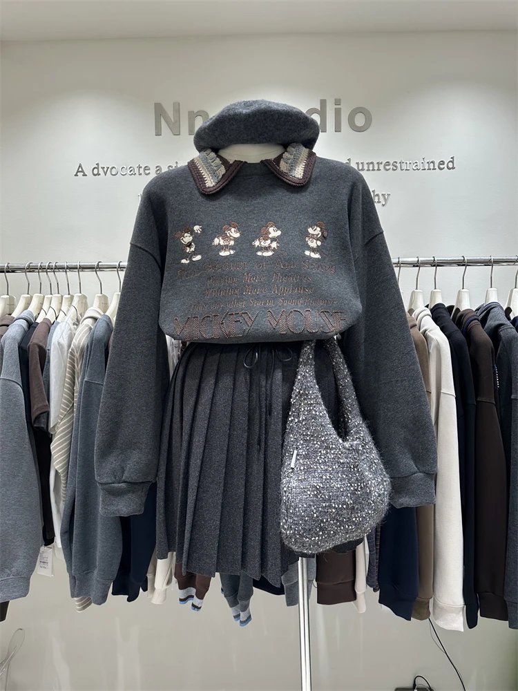 トレンディなカラーブロック折り返し襟女性プルオーバートップかわいいミッキー刺繍カジュアル学生パーカー厚いベルベットスウェットシャツ