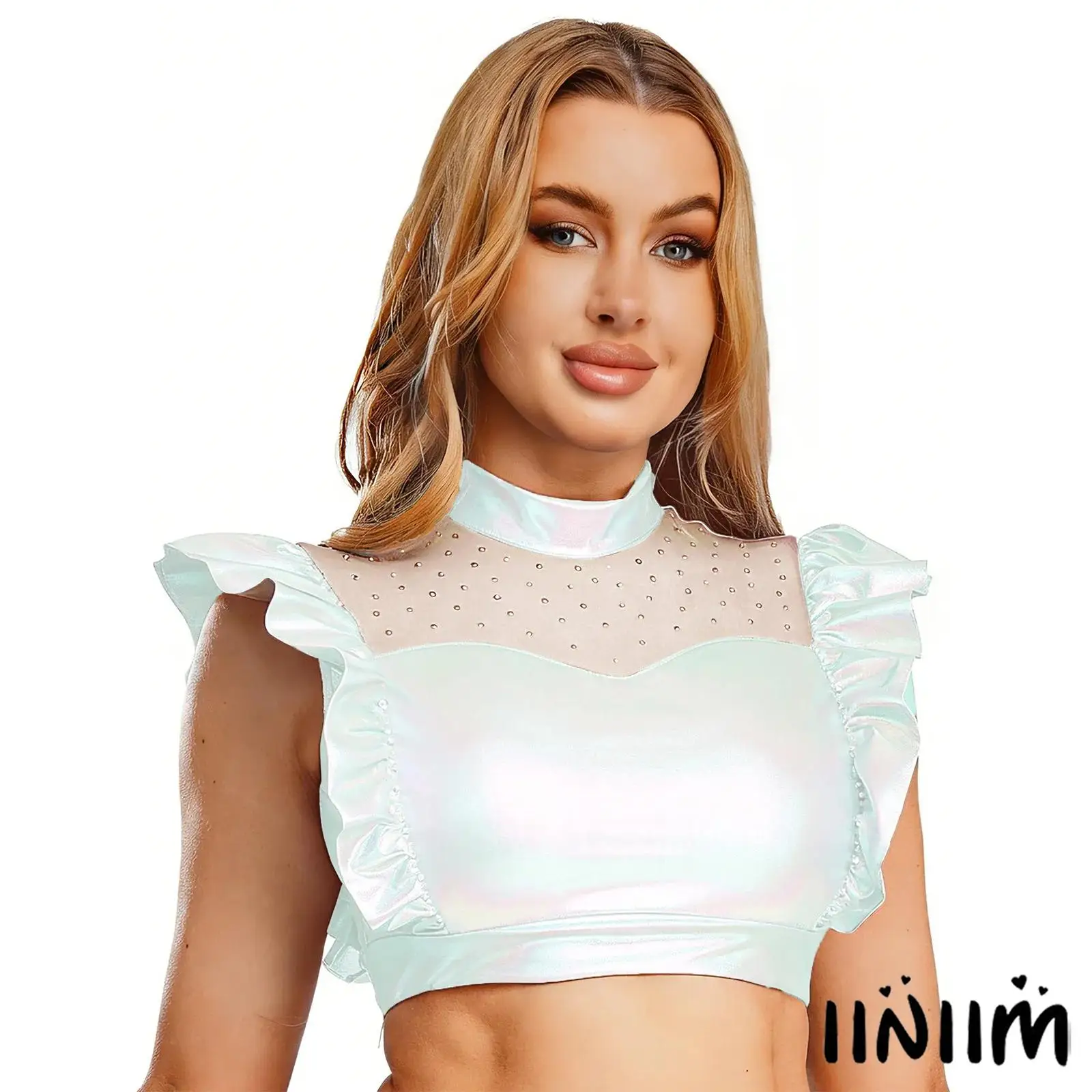 

Womens Dazzling Jazz Dance Top with Sheer Mesh Front And Rhinestone Embellishments Metallic Cropped Tank for Club Rock Parties