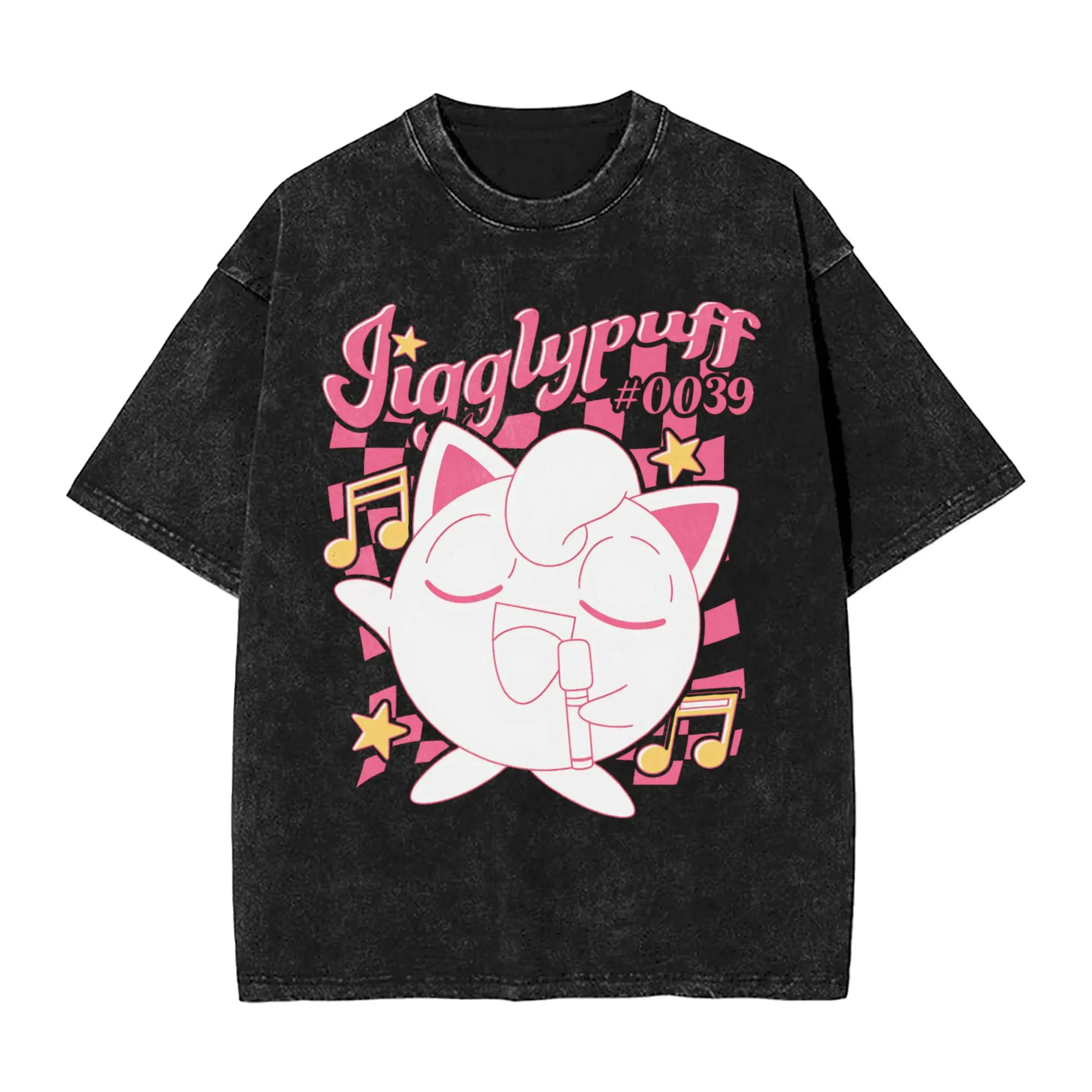 Vintage Pokemon Jigglypuff Sings T-Shirt Men Crewneck Cotton Washed T Shirt  Short Sleeve Tees Plus Size Clothing