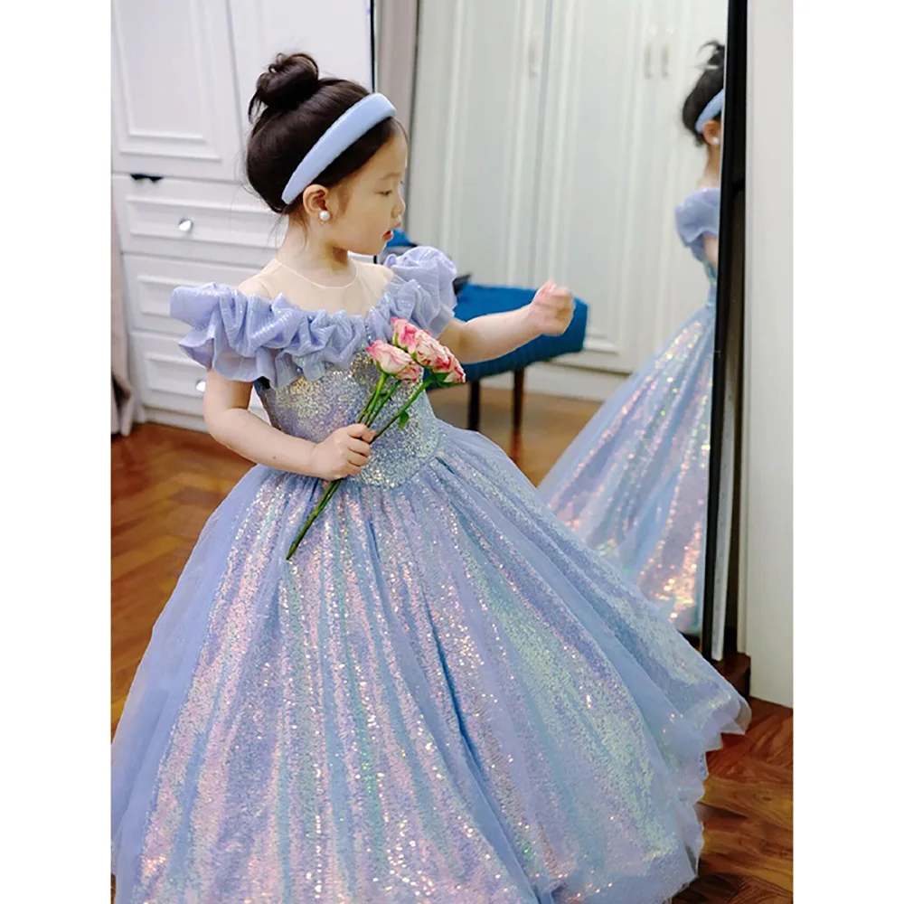 

Wedding Flower Girl Dress Luxury Blue Sequin Princess Girls Dresses for Birthday Party Piano Playing Performance Children Gown