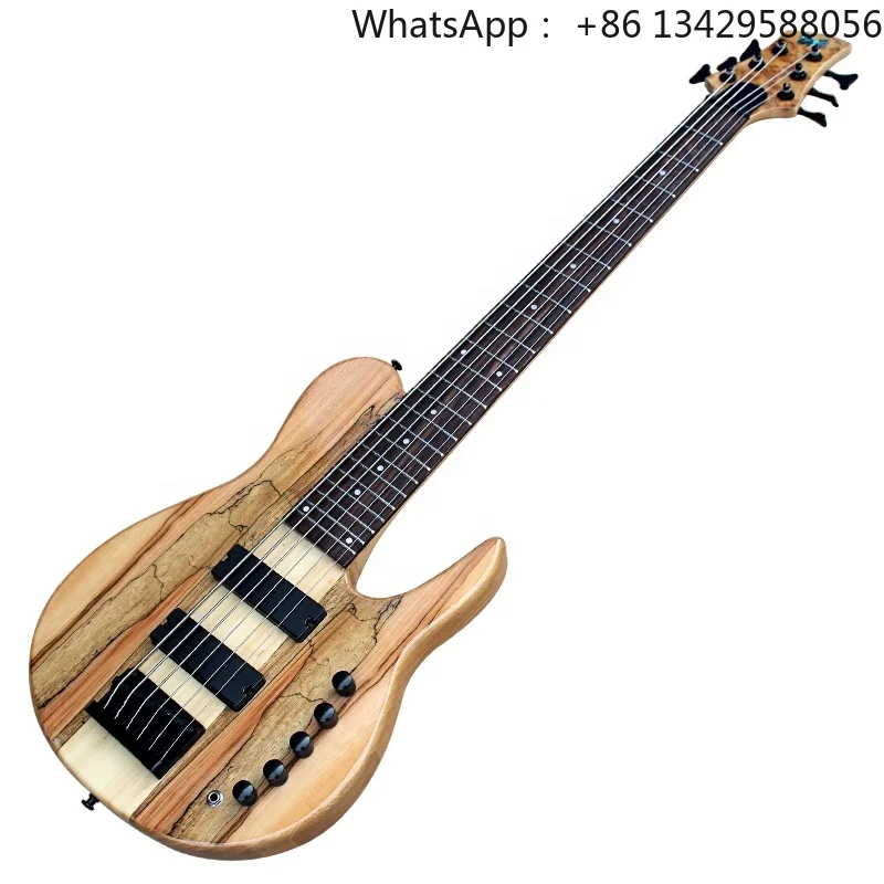 Flyoung Spalted Maple Veneer Electric Guitar Bass 6 Strings Bass Guitar Neck Through Body Bass