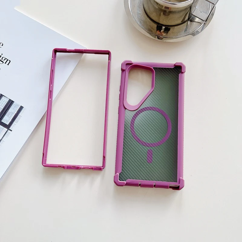 

2 IN 1 Magnetic Shockproof MagSafe Phone Case for Samsung Galaxy S25 Ultra S24 Carbon Fiber Texture Wireless Charging PC Cover