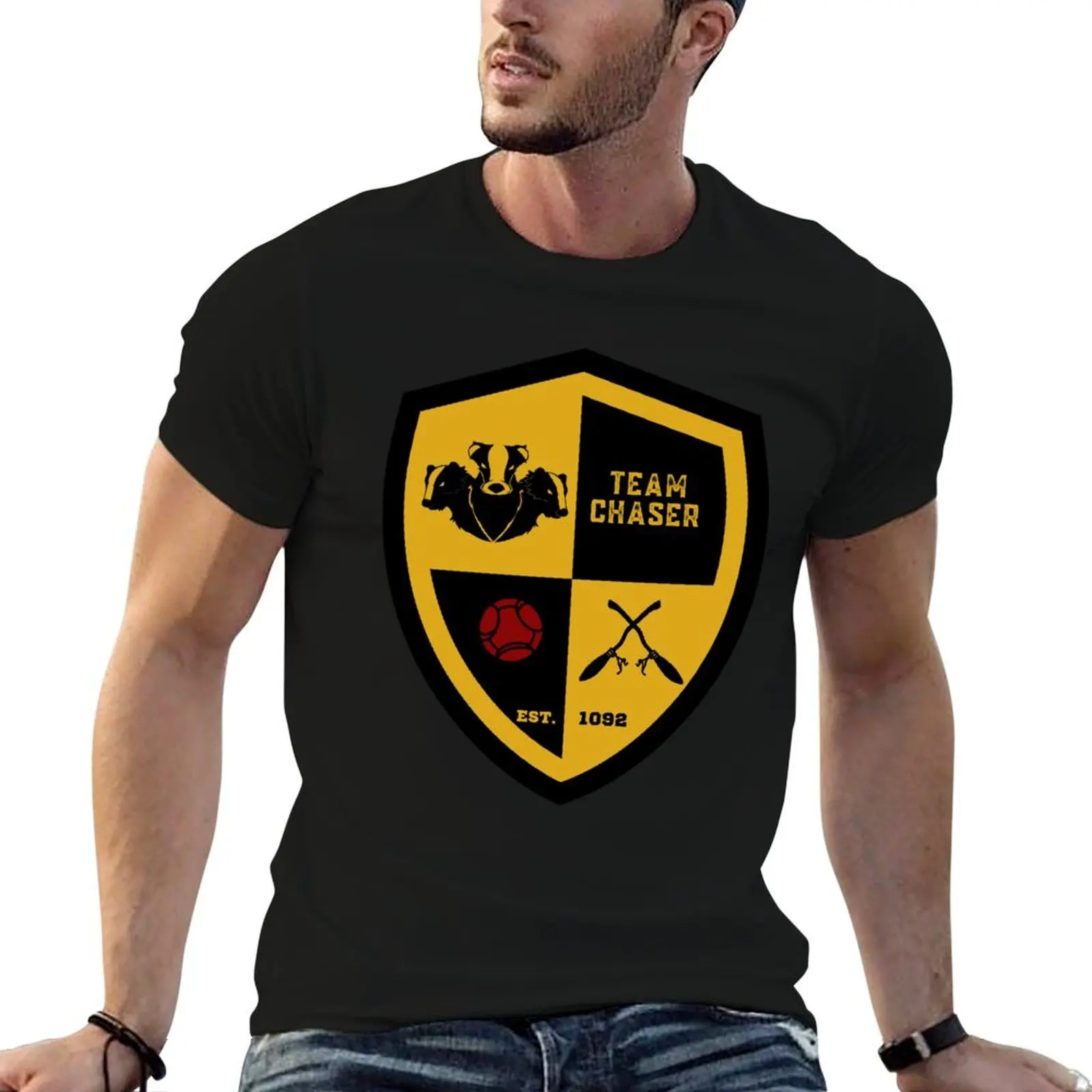 Team Chaser Yellow and Black Badger T-Shirt Street Style Casual Tee Shirt