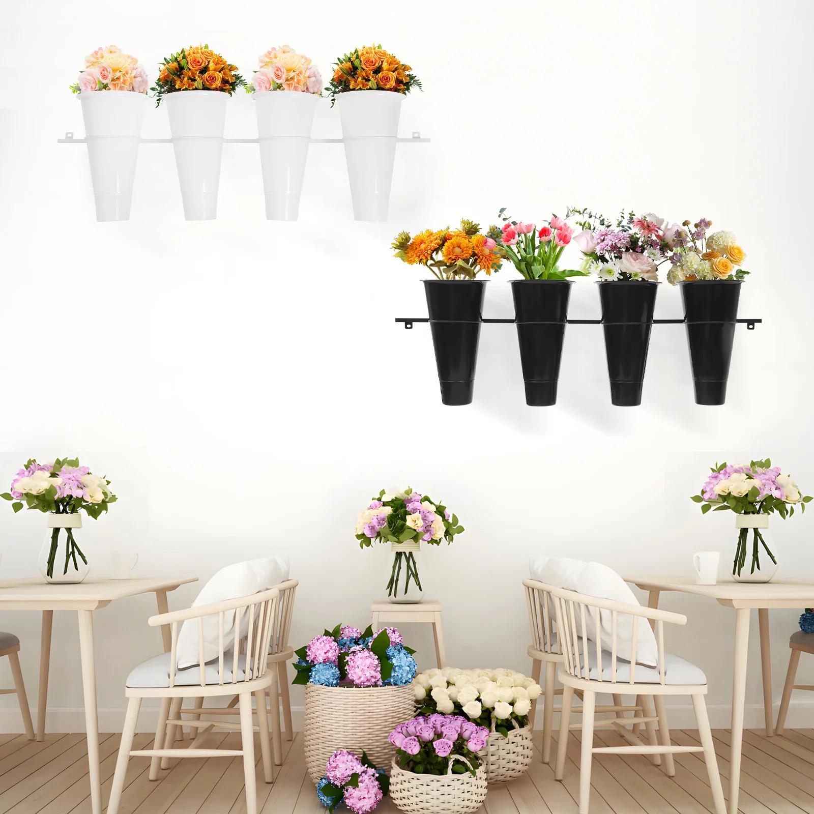 120cm Wall Mounted Flower Stand with 4 Buckets, Black/White Wall Decorative Flower Display Stand