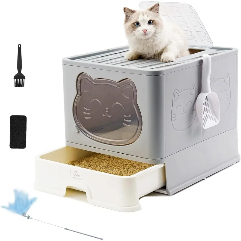 Fully Enclosed Cat Litter Box with Lid, Foldable Extra Large Cat Toilet, Drawer Type Cat Litter Tray with Plastic Scoop