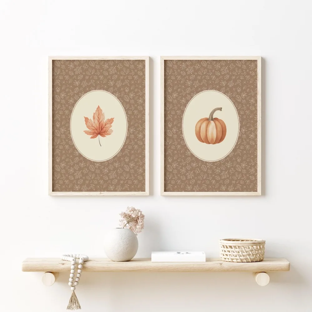 Retro Autumn Wall Painting Oval Frame Watercolor Maple Leaf Pumpkin Canvas Poster, Farmhouse Style Thanksgiving Home Decoration