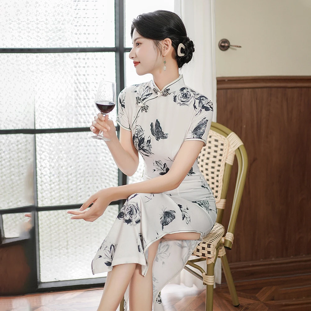 Robe de soirée quotidienne pour femmes, Qipao, mi-longue, vacances, fausse soie, tache, mariage, Cheongsam chinois